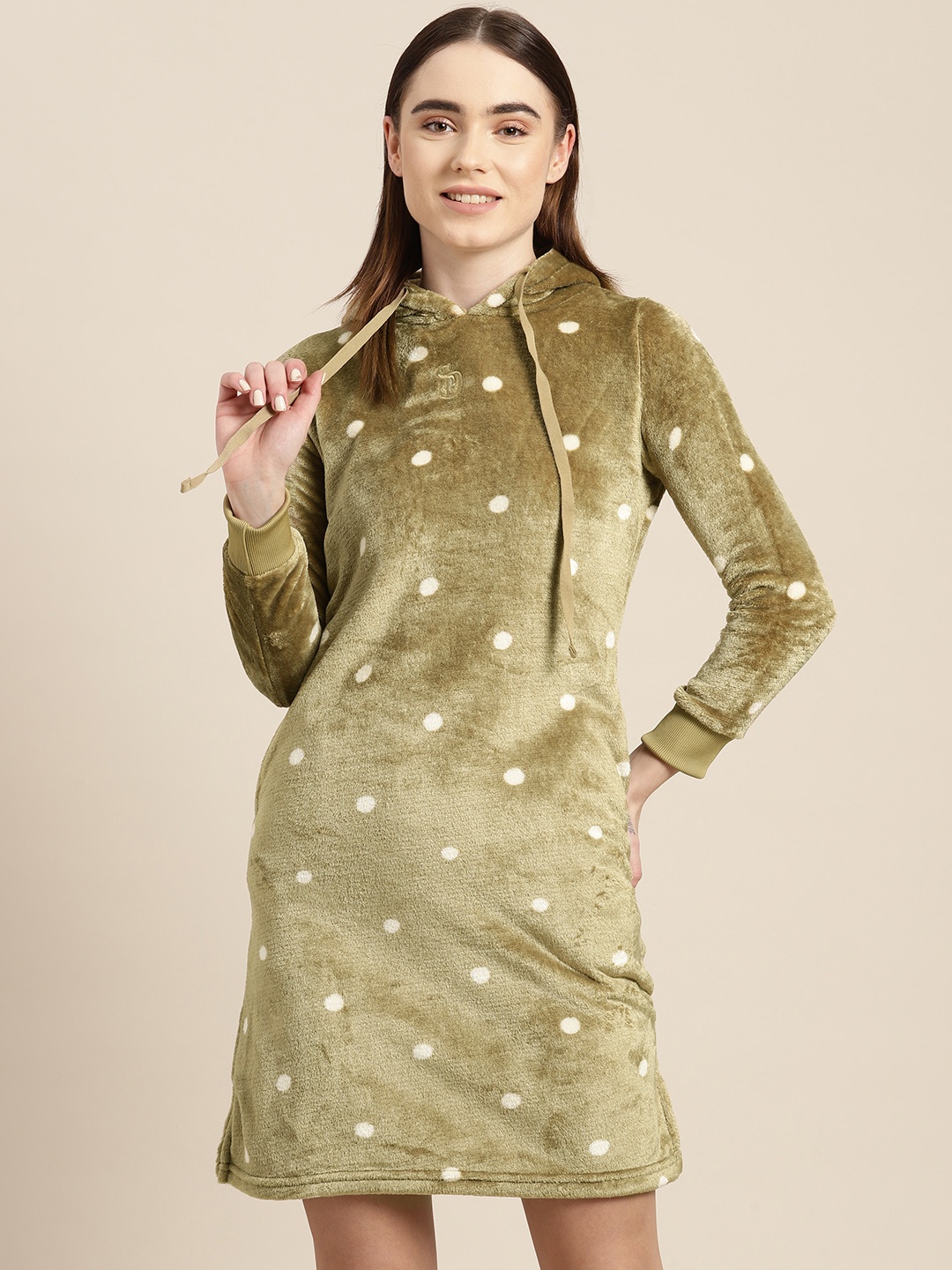 

Sweet Dreams Polka Dots Hooded Fleece Nightdress, Olive