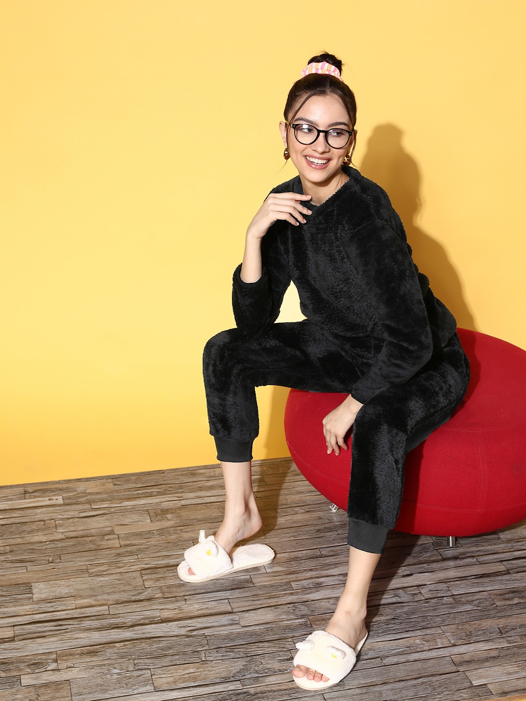 

Sweet Dreams Women Black Solid Plush Lush Night Suit