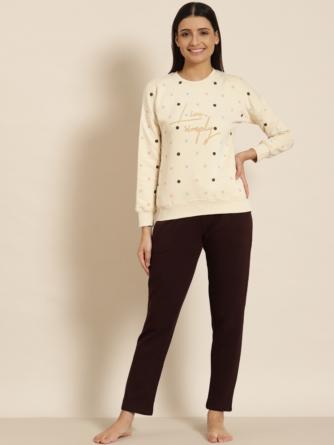 

Sweet Dreams Women Cream-Coloured & Brown Printed Pyjama Set