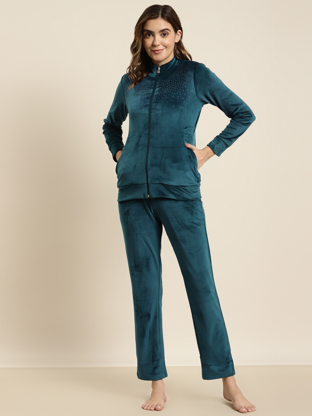 

Sweet Dreams Women Teal Blue Solid Stone Embellished Mock Collar Velour Lounge Tracksuits