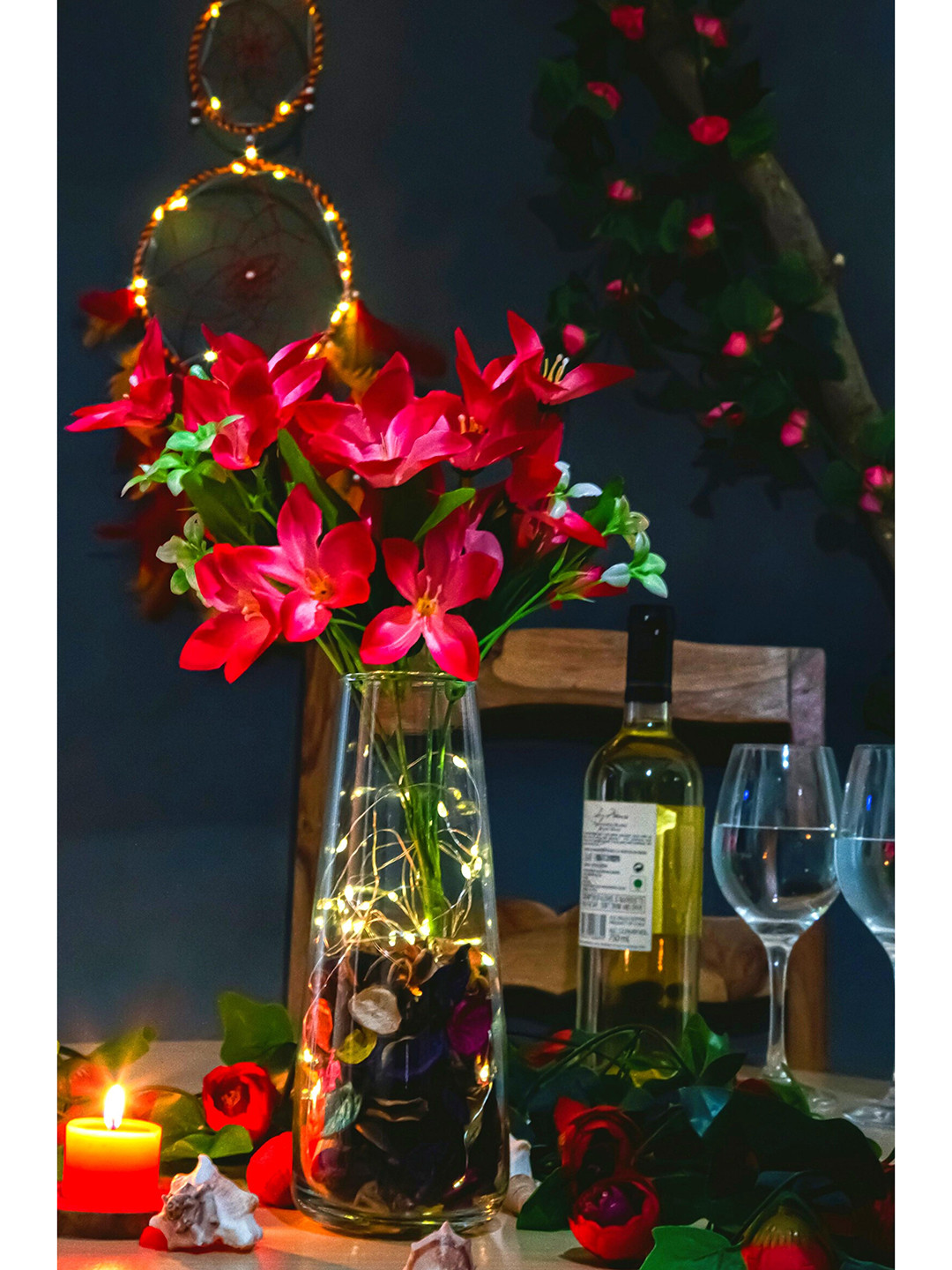 

BS AMOR Transparent Solid Vases with led and flower bunch for home decor