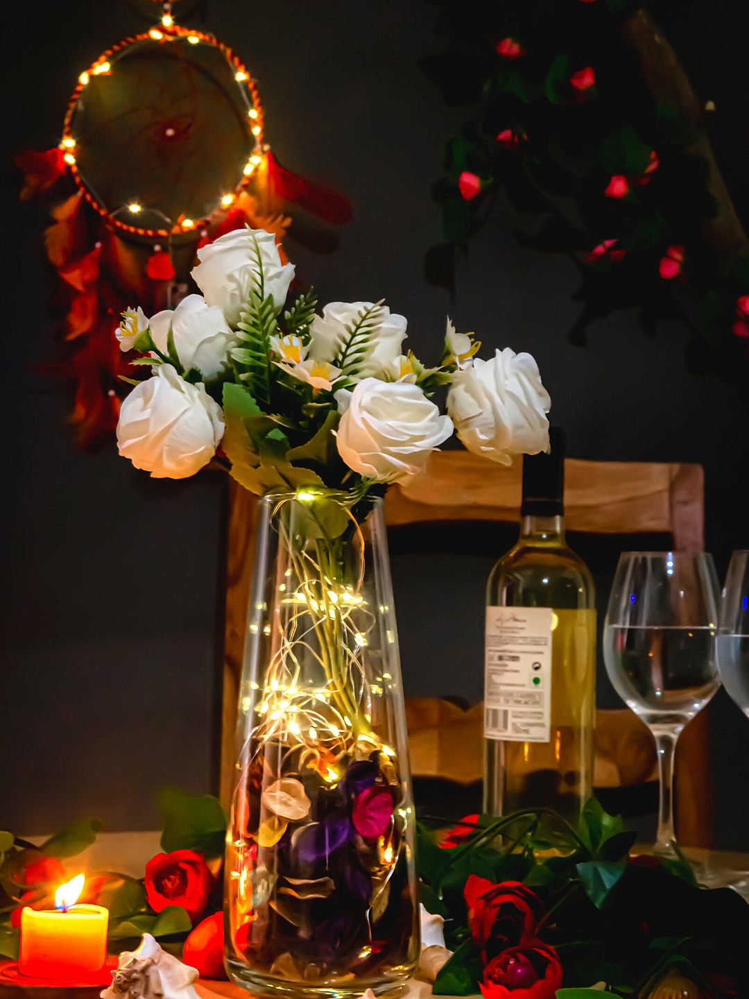 

BS AMOR White Rose Bunch With Glass Vase & LED Light, Transparent
