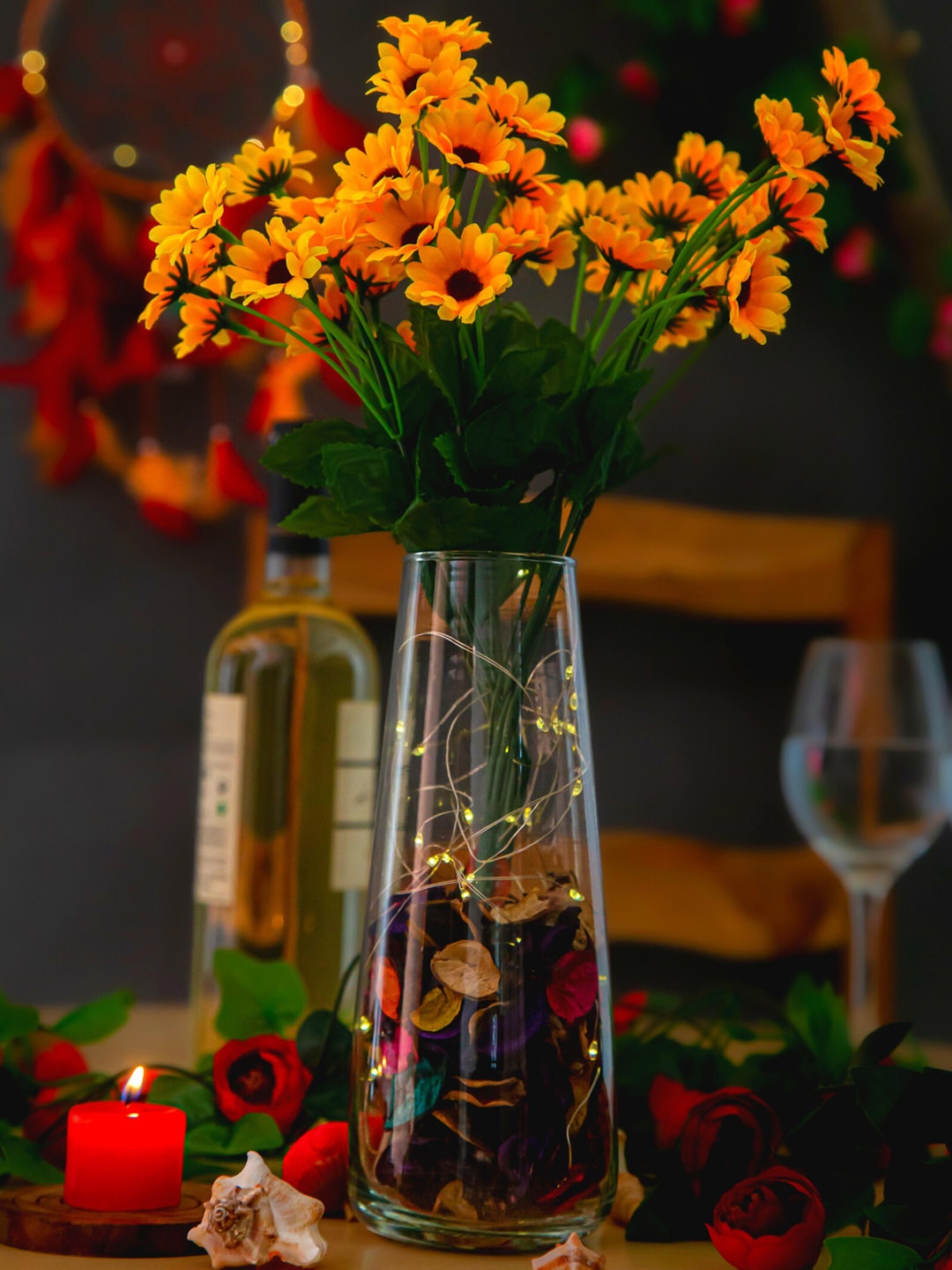 

BS AMOR Transparent LED Clear Glass Vases With 2 Sun Flower Bunch