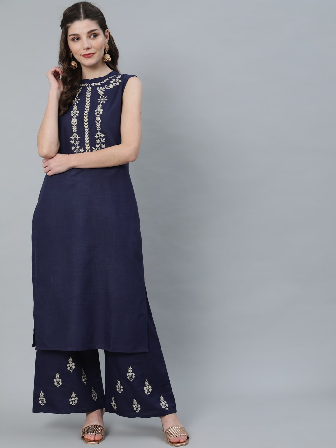 

antaran Women Navy Blue Ethnic Motifs Yoke Design Pure Cotton Kurta with Palazzos