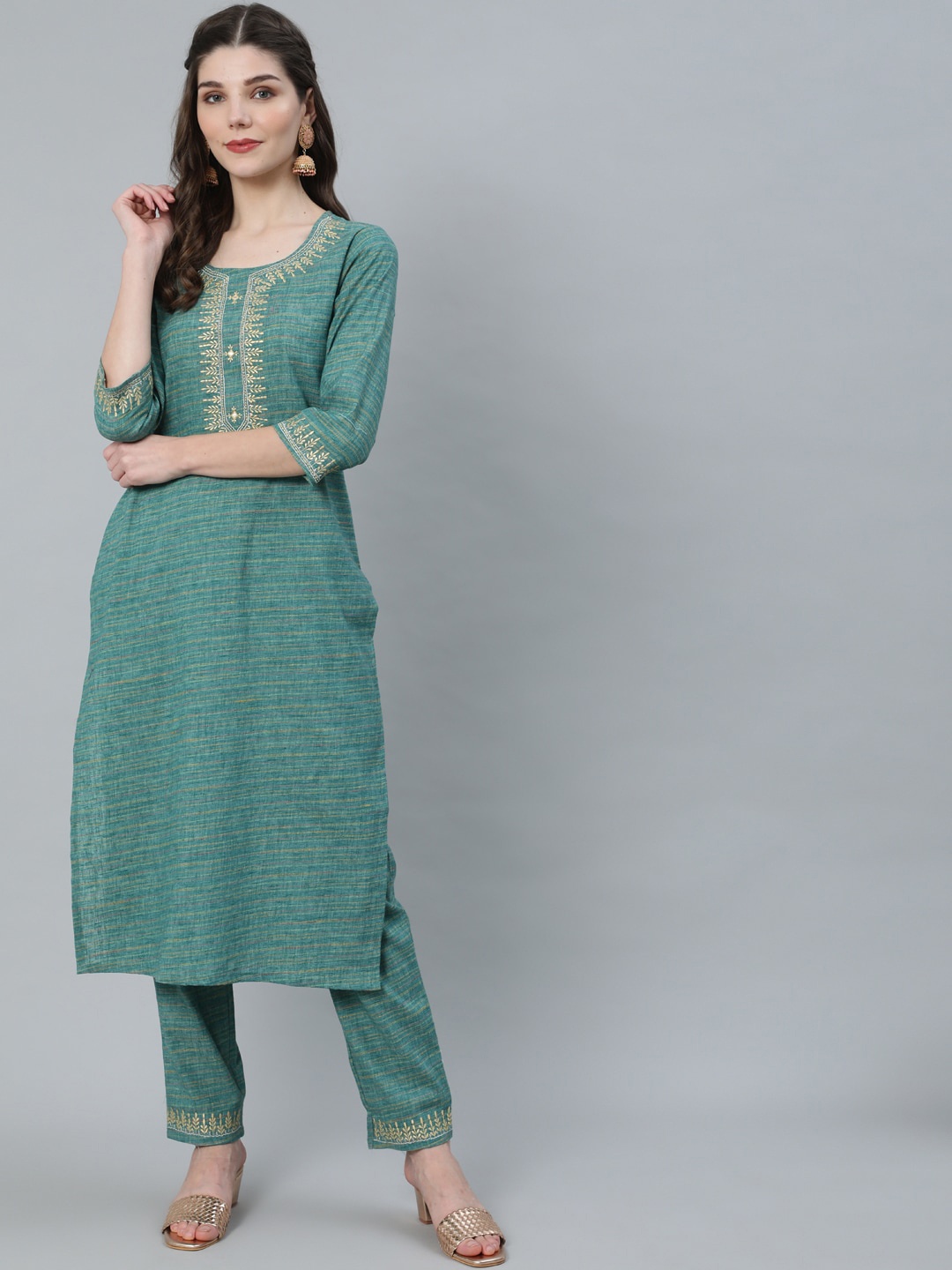 

antaran Women Green Ethnic Motifs Yoke Design Pure Cotton Kurta with Trousers