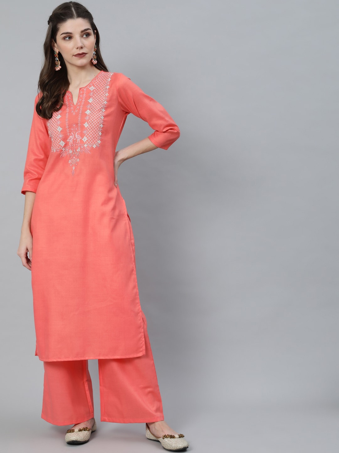 

antaran Women Peach-Coloured Yoke Design Pure Cotton Kurta with Palazzos