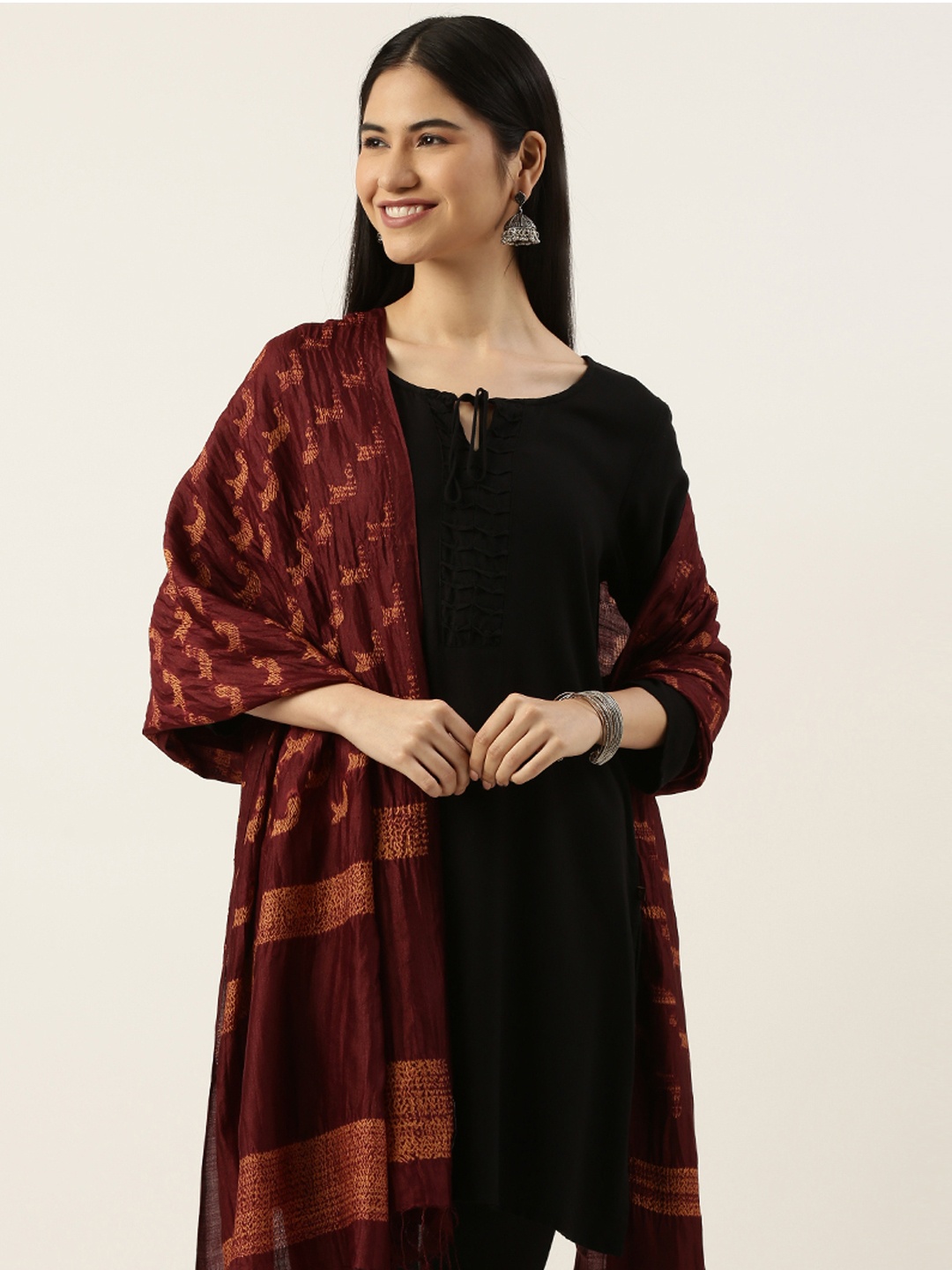 

ArtEastri Maroon & Mustard Yellow Ethnic Woven Design Pure Silk Shibori Dupatta