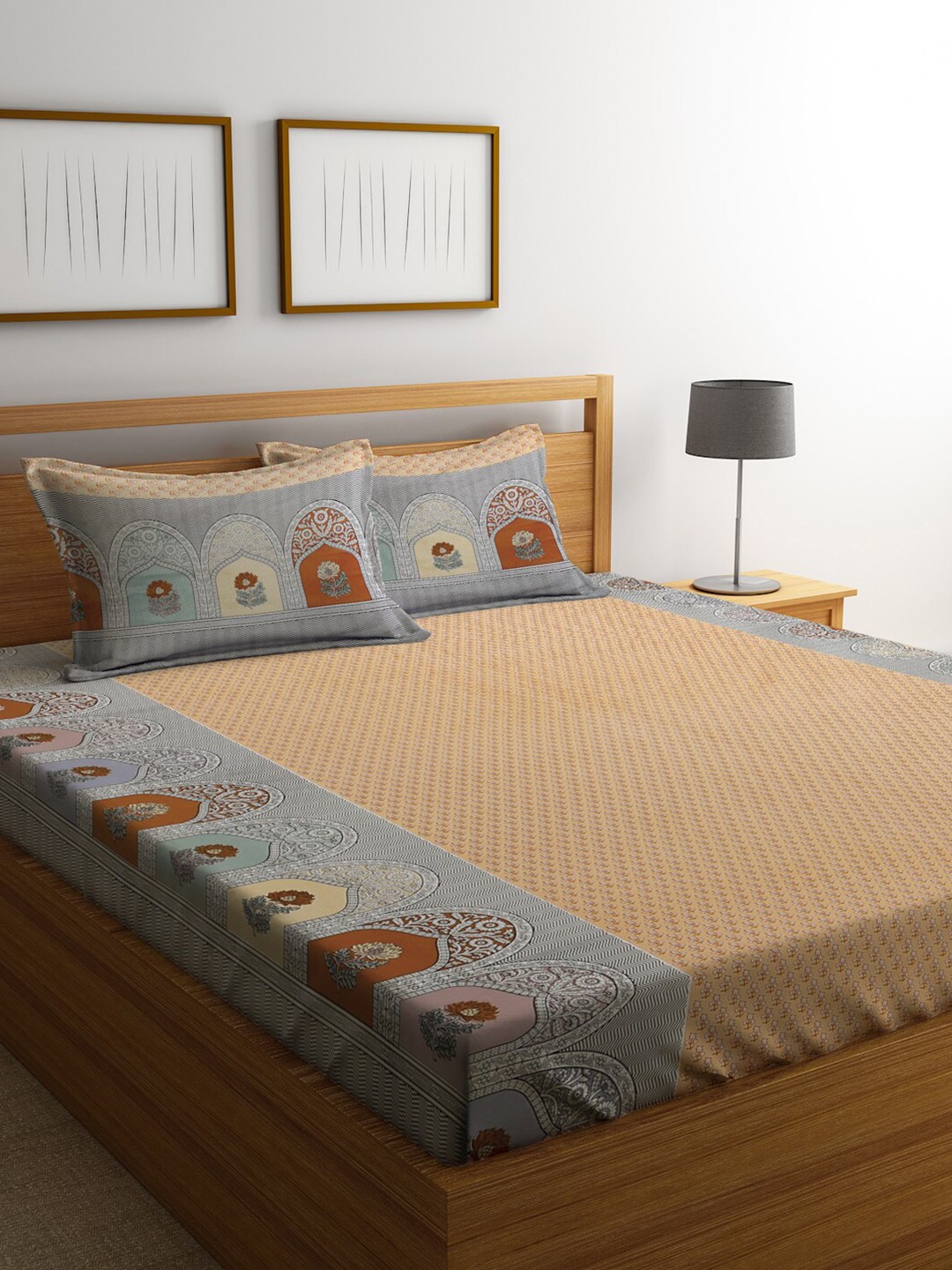 

Ethnic Motifs 400 TC Pure Cotton King Bedsheet with 2 Pillow Covers, Gold
