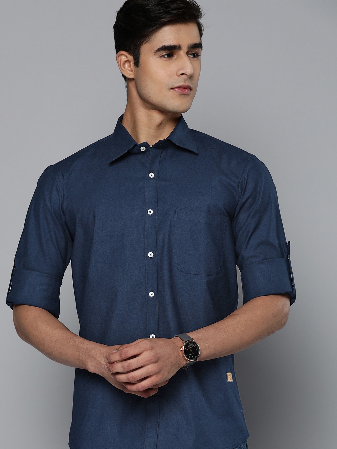 

DENNISON Men Navy Blue Solid Pure Cotton Smart Slim Fit Casual Shirt