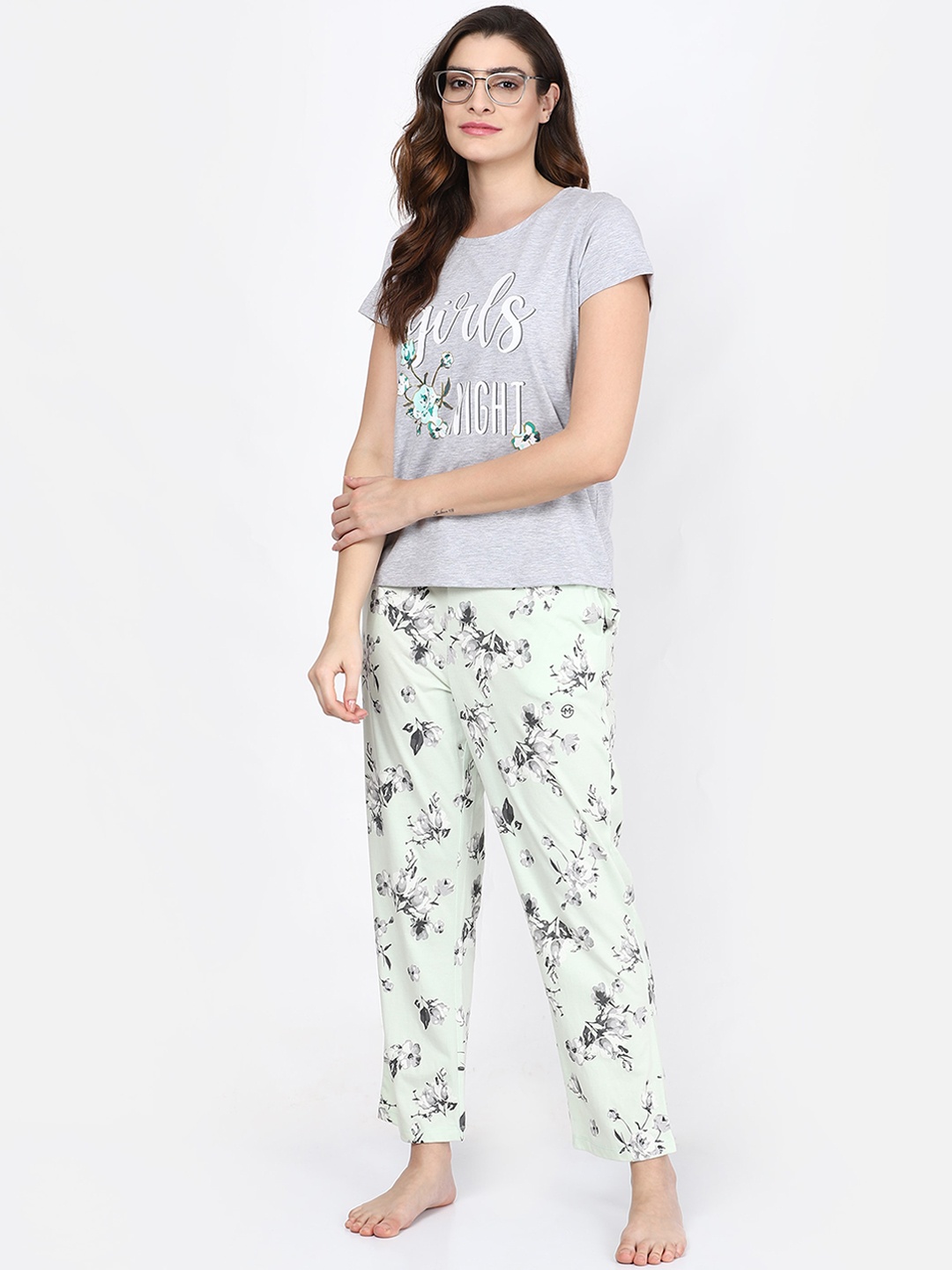 

MAYSIXTY Women Green & Grey Printed Night suit