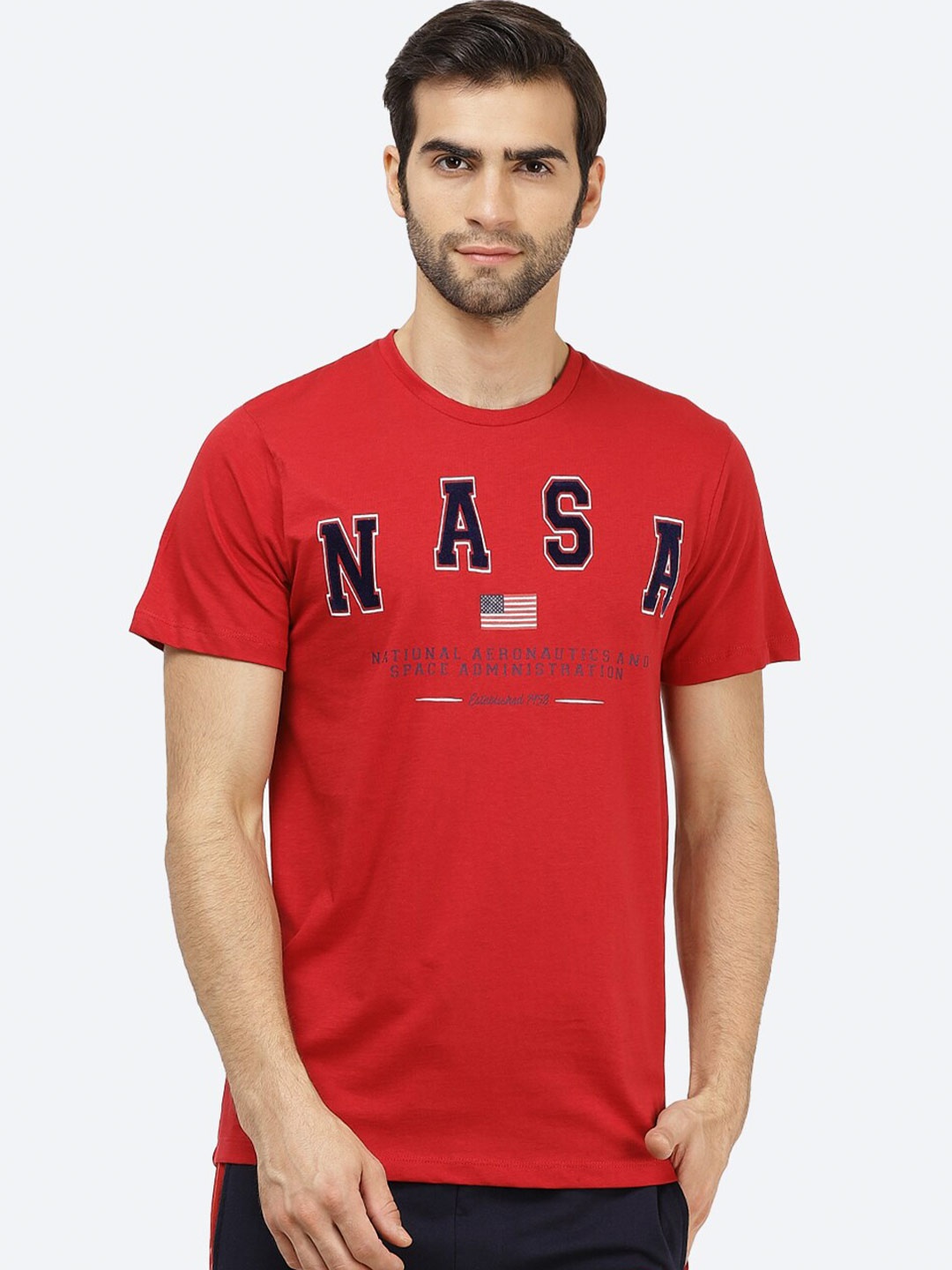 

Free Authority Men Red & Black Typography NASA Printed Cotton T-shirt