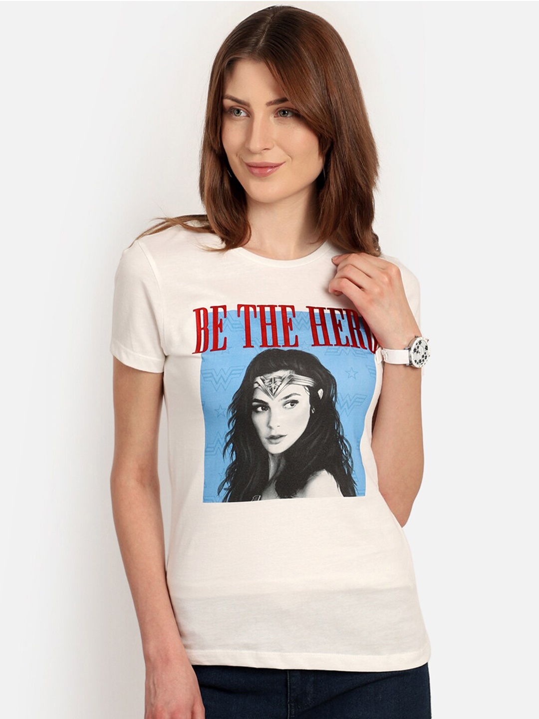 

Free Authority Women White & Blue Wonder Woman Printed Cotton T-shirt