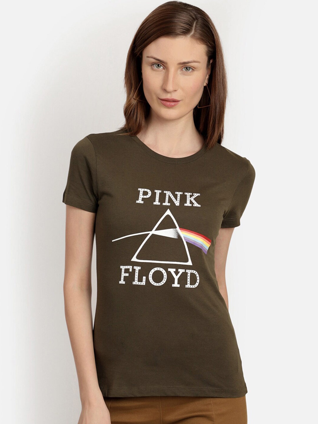 

Free Authority Women Green & White Typography Pink Floyd Printed T-shirt