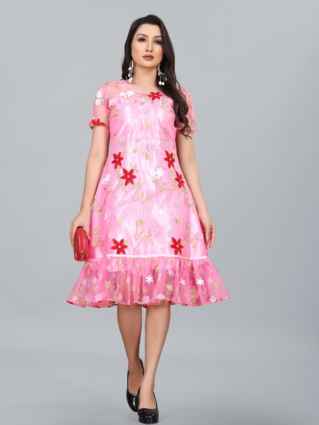 

APNISHA Women Pink & Gold-Toned Floral Net A-Line Midi Dress