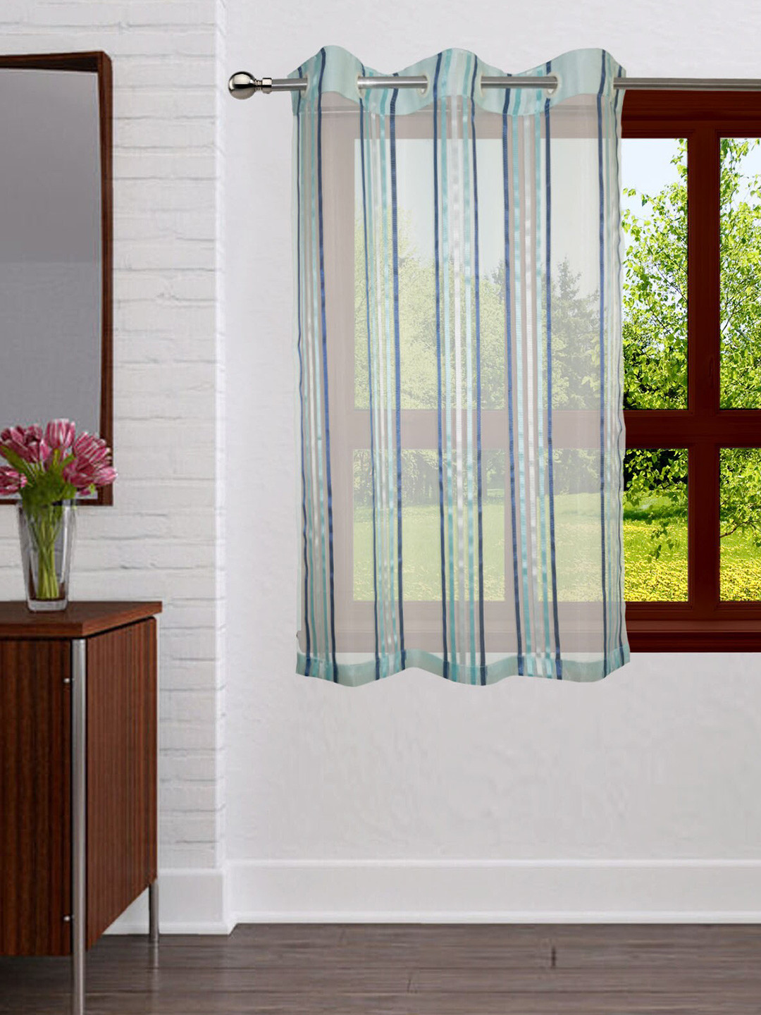 

Lushomes Off White & Light Blue Polyester Striped Sheer Window Curtain
