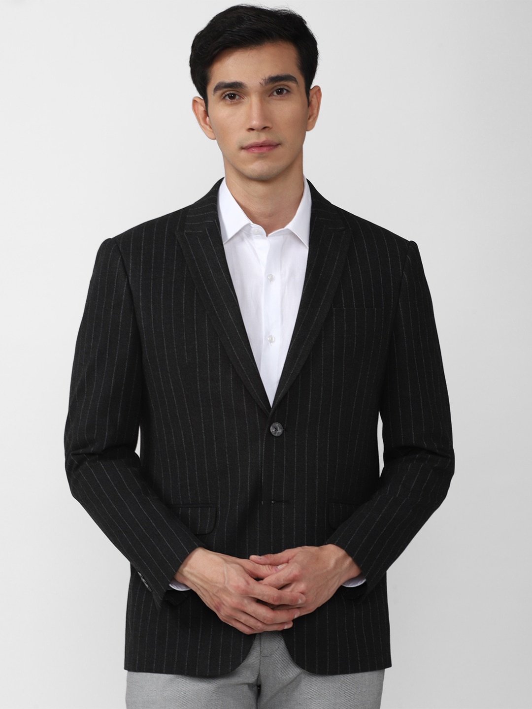 

Peter England Elite Men Black Striped Slim Fit Single Breasted Blazer