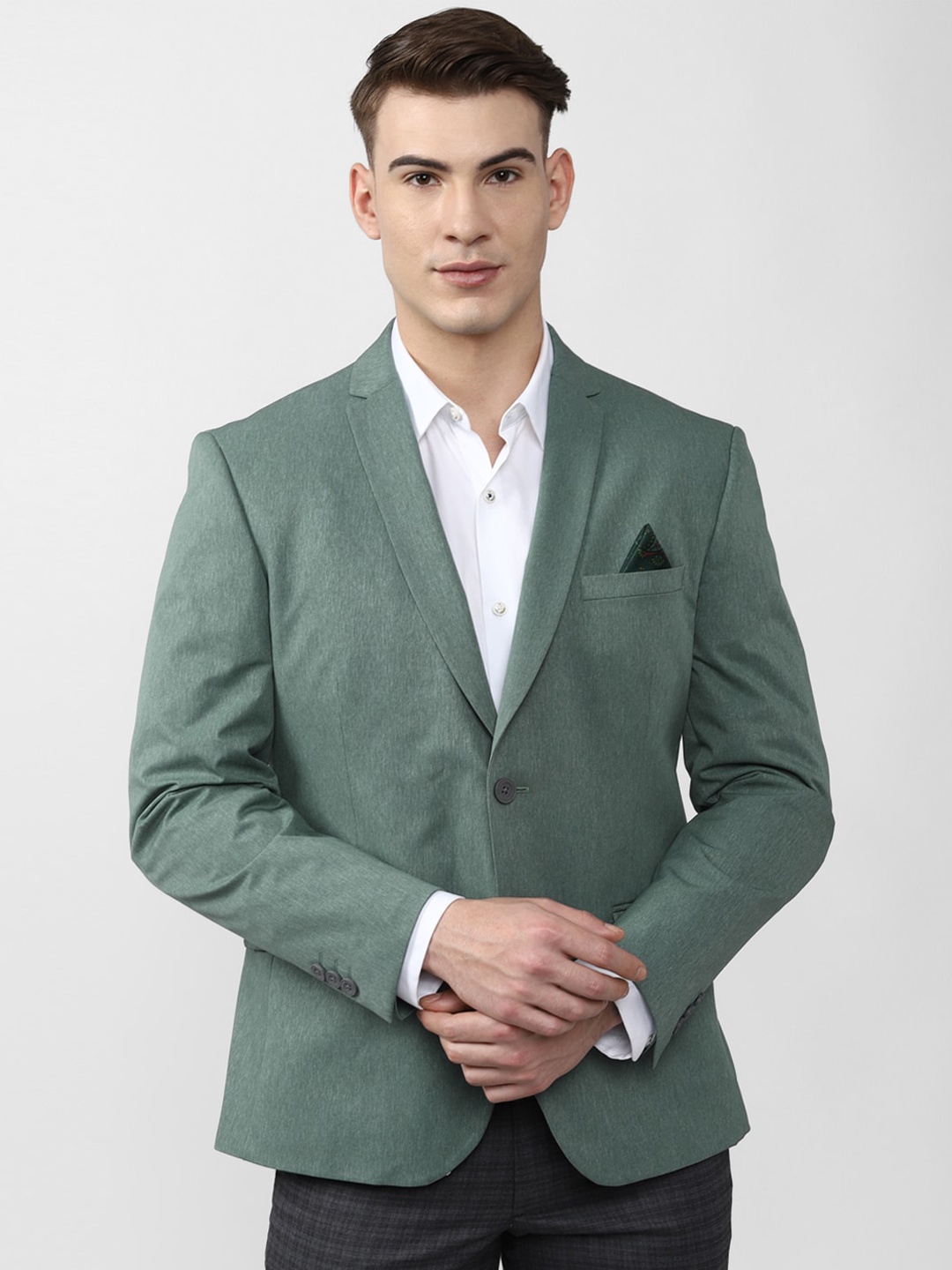 

V Dot Men Green Solid Slim-Fit Single Breasted Formal Blazer