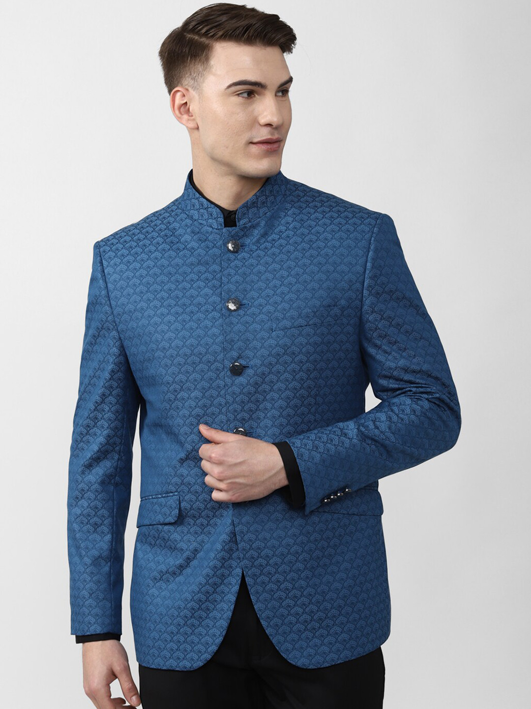 

Van Heusen Men Blue Printed Slim Fit Bandhgala Blazer