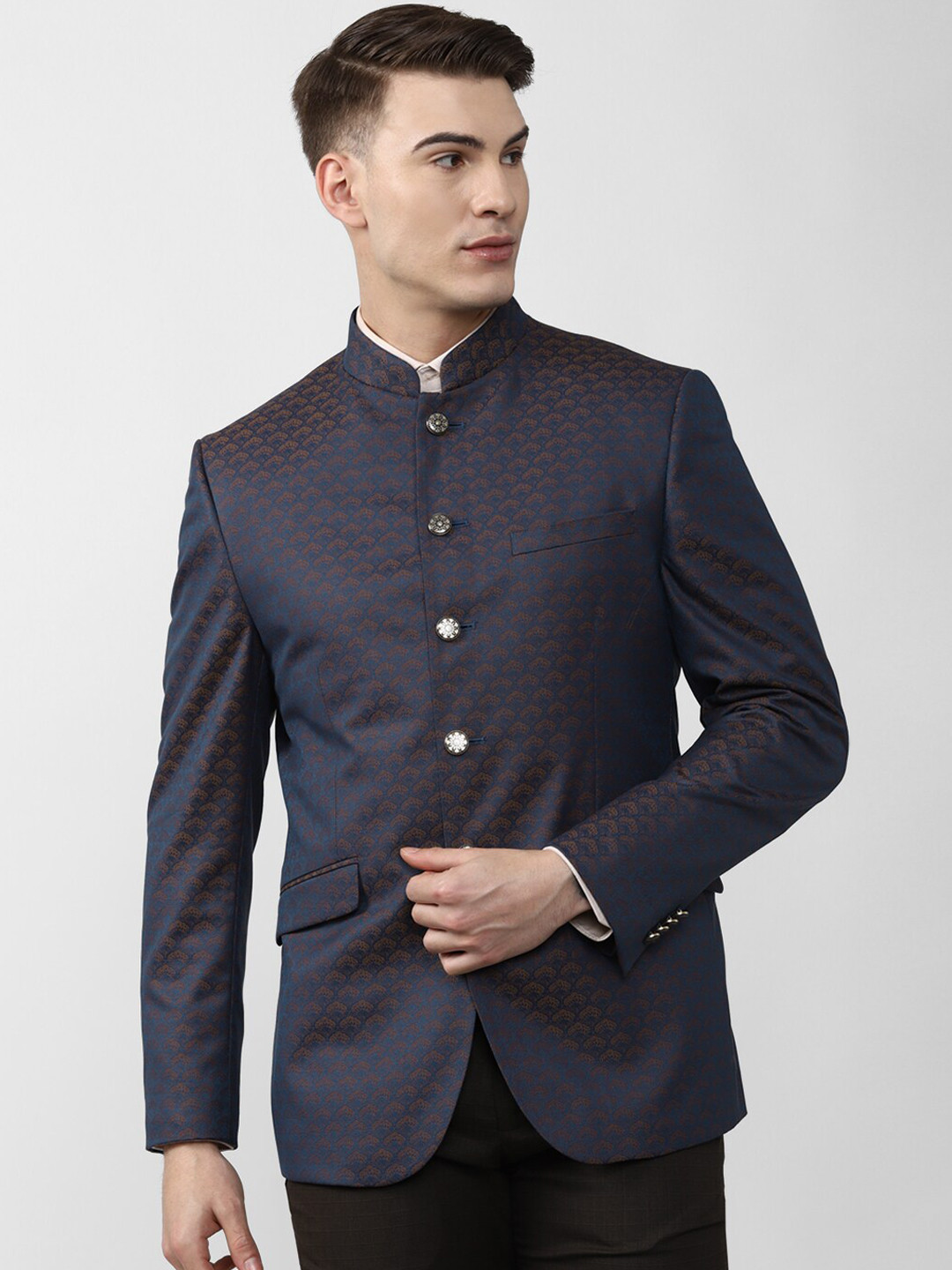 

Van Heusen Men Navy Blue Printed Slim Fit Bandhgala Blazers