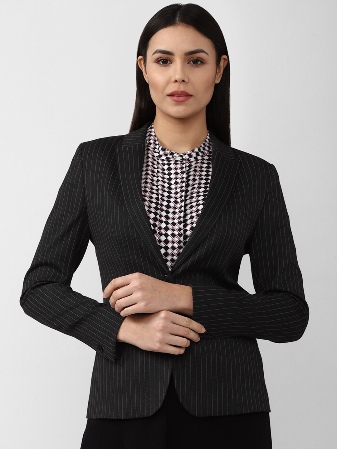 

Van Heusen Woman Grey Striped Single-Breasted Formal Blazers