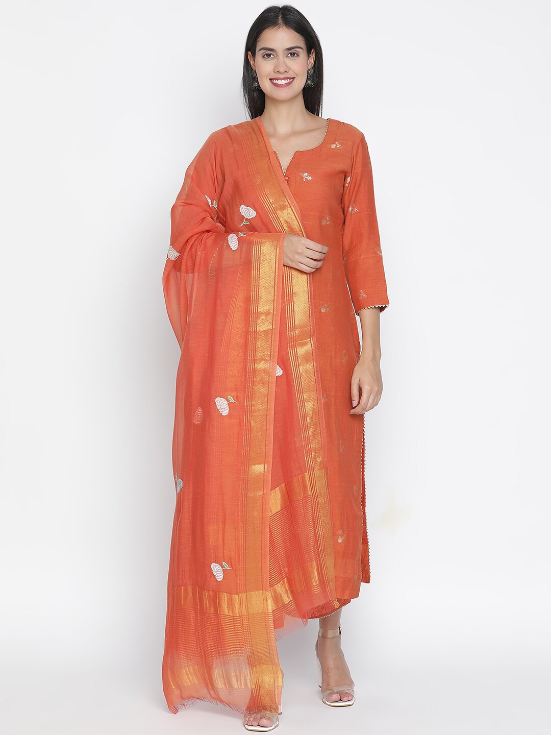 

SHINGORA Women Orange & White Embroidered Dupatta