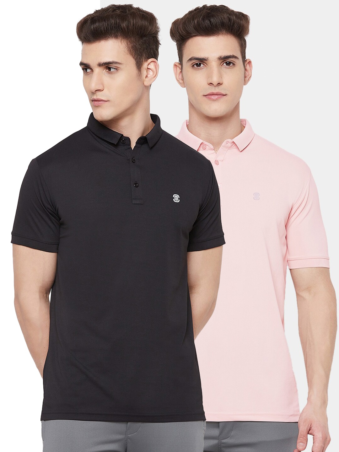 

MOZAFIA Men Pack of 2 Pink & Black Polo Collar T-shirt