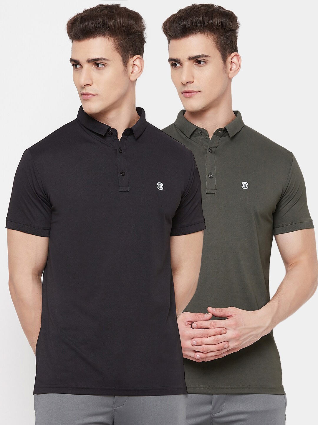 

MOZAFIA Men Olive Green & Black 2 Polo Collar T-shirt