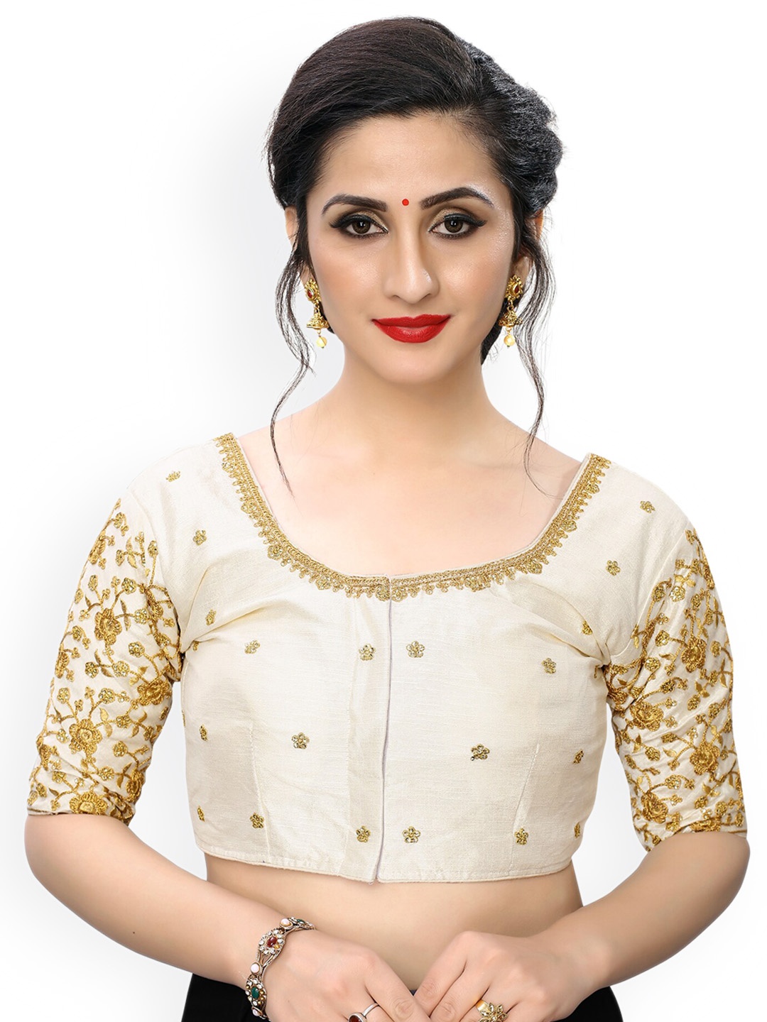 

Amrutam Fab Women Off White Embroidered Silk Saree Blouse