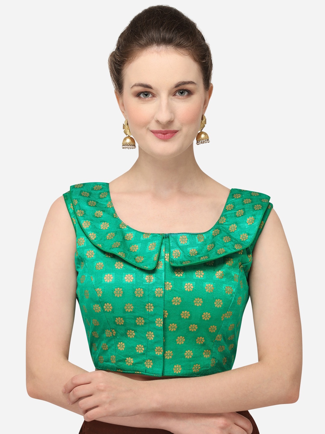 

Amrutam Fab Women Green & Golden Jacquard Weave Peter-Pan Collar Saree Blouse
