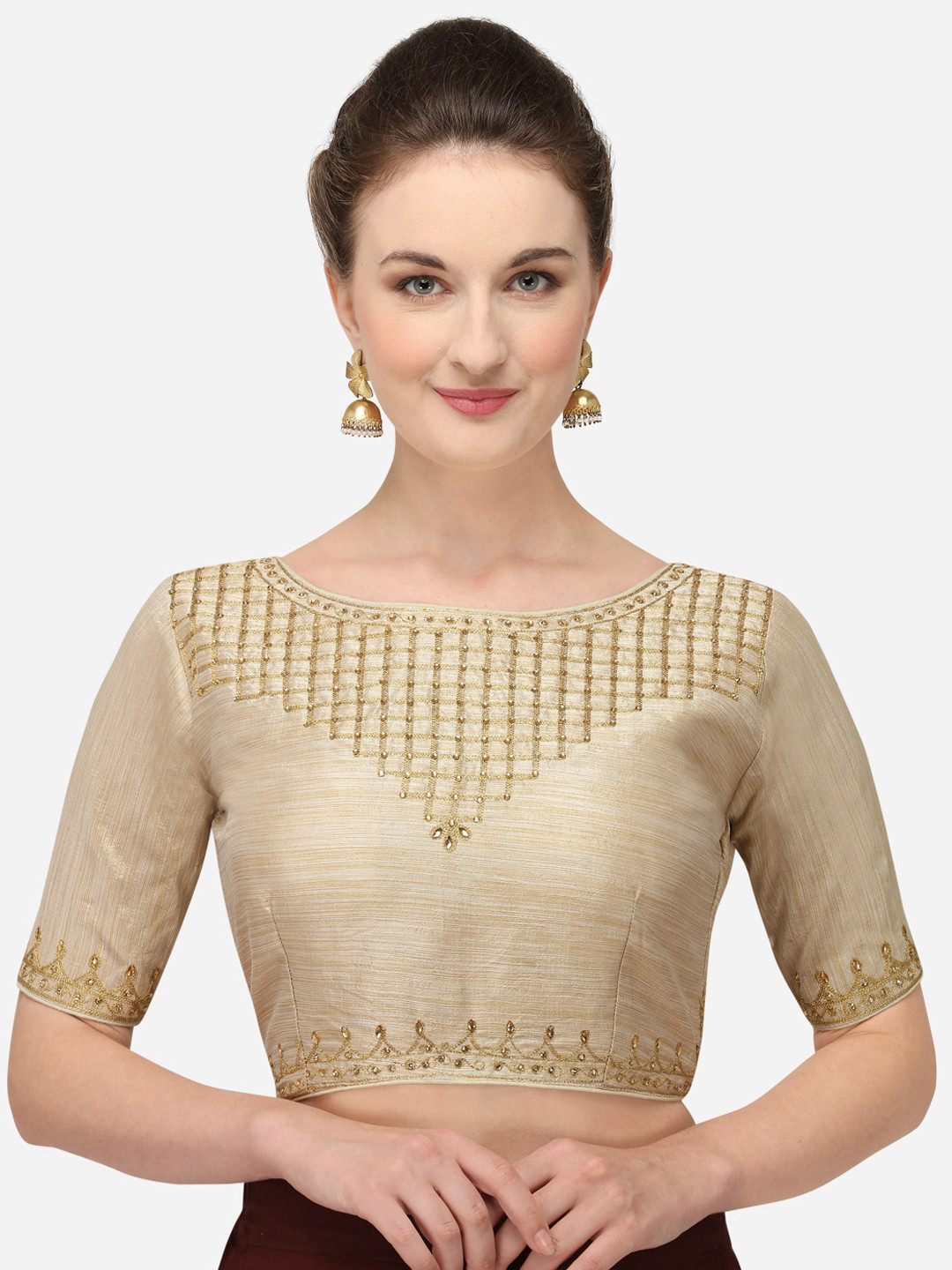 

Amrutam Fab Women Cream Colored Embroidered Silk Readymade Saree Blouse