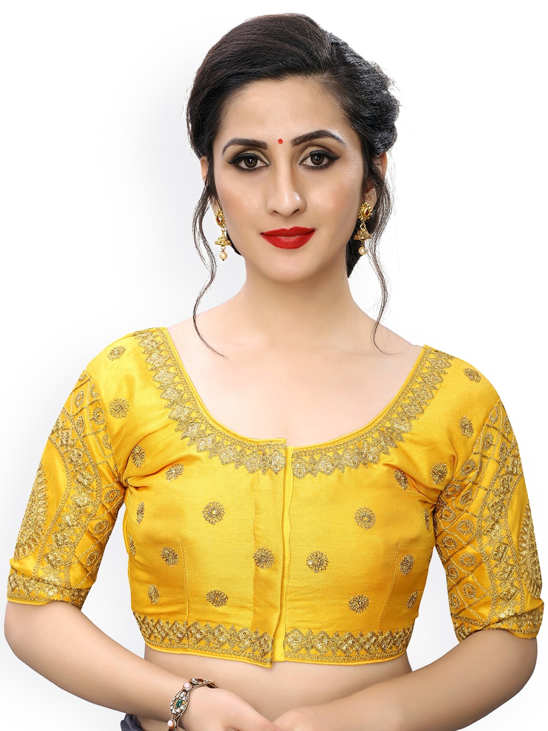 

Amrutam Fab Women Yellow Embroidered Silk Saree Blouse