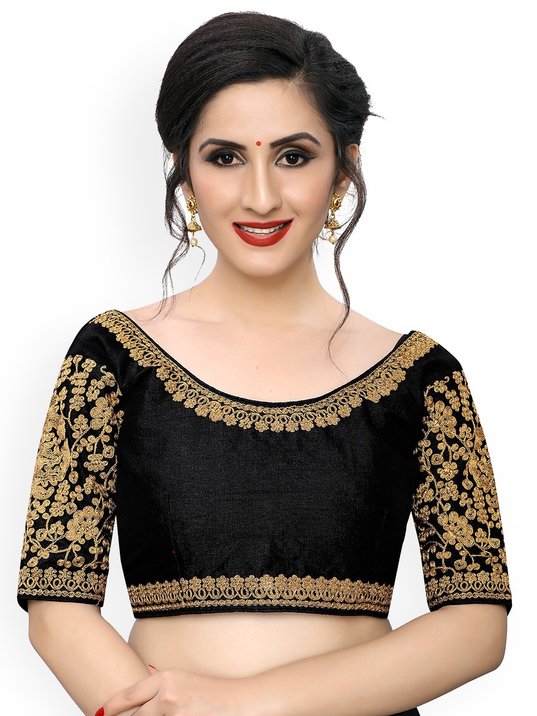 

Amrutam Fab Women Women Black & Gold-Coloured Embroidered Phantom Silk Saree Blouse