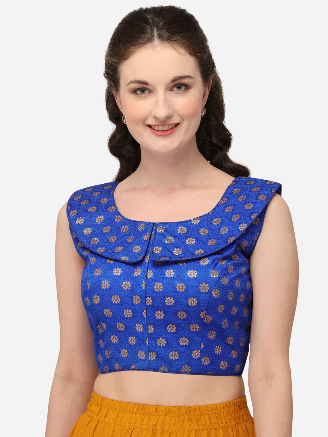 

Amrutam Fab Women's Embroidered Blue Jacquard Blouse With Round Neck