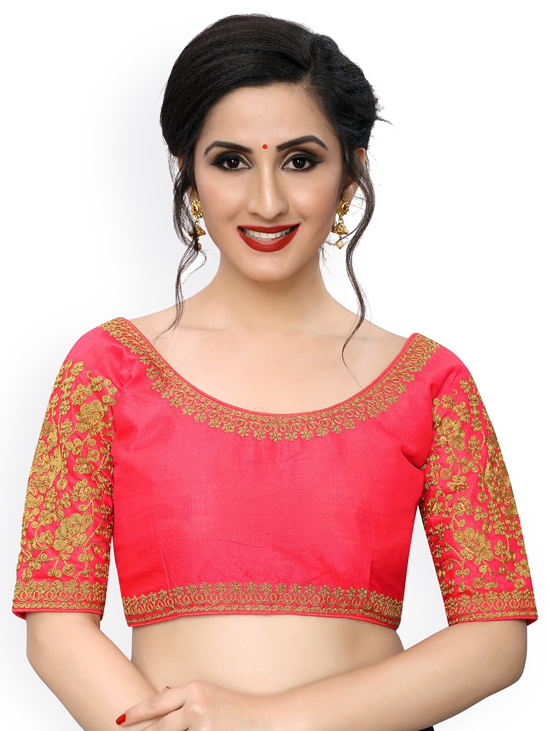 

Amrutam Fab Women's Embroidered Peach Phantom Silk Blouse With Round Neck
