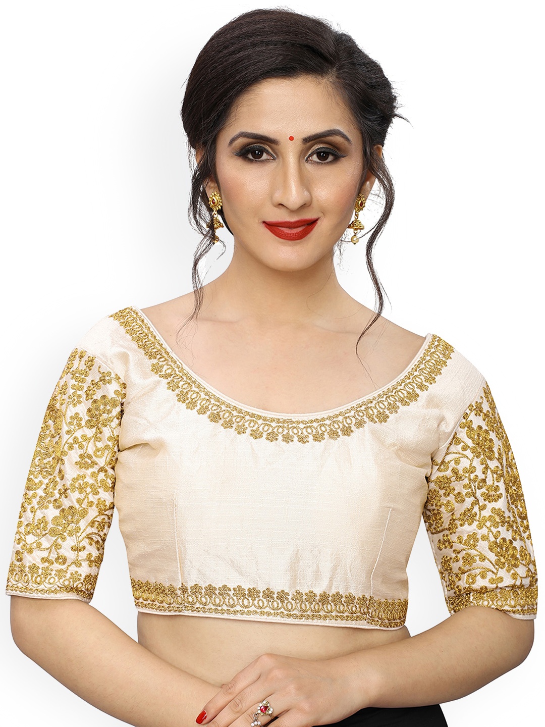 

Amrutam Fab Women's Embroidered Off White Phantom Silk Blouse With Round Neck