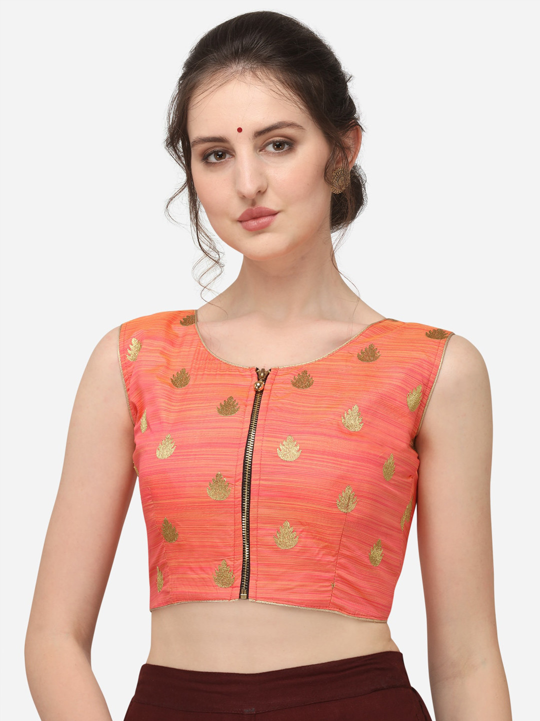 

Amrutam Fab Women Peach Embroidered Silk Saree Blouse