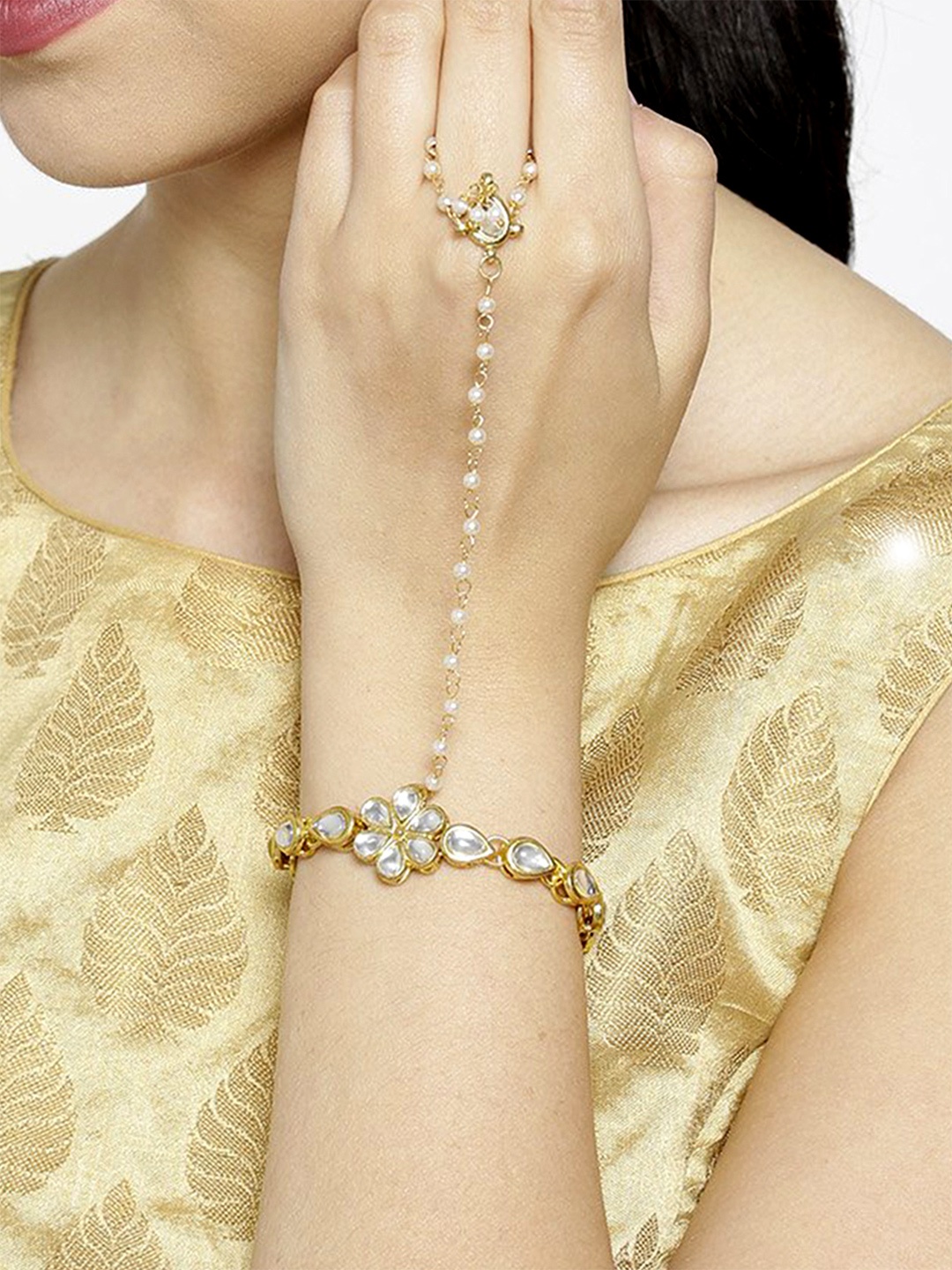 

KARATCART Women Gold-Toned & White Kundan Gold-Plated Wraparound Bracelet