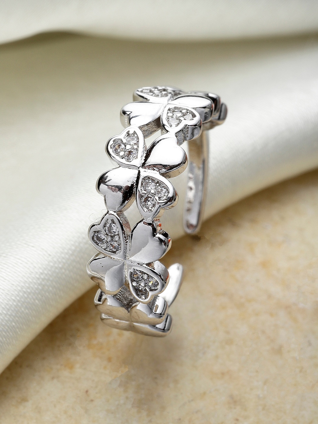 

KARATCART Silver-Plated & Toned AD Studded Flower Shaped Adjustable Finger Ring