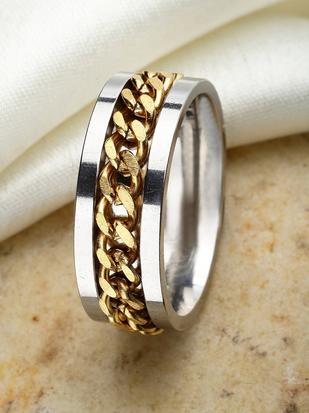 

KARATCART Men Silver-Plated AD Gold-Toned Chain Studded Finger Ring
