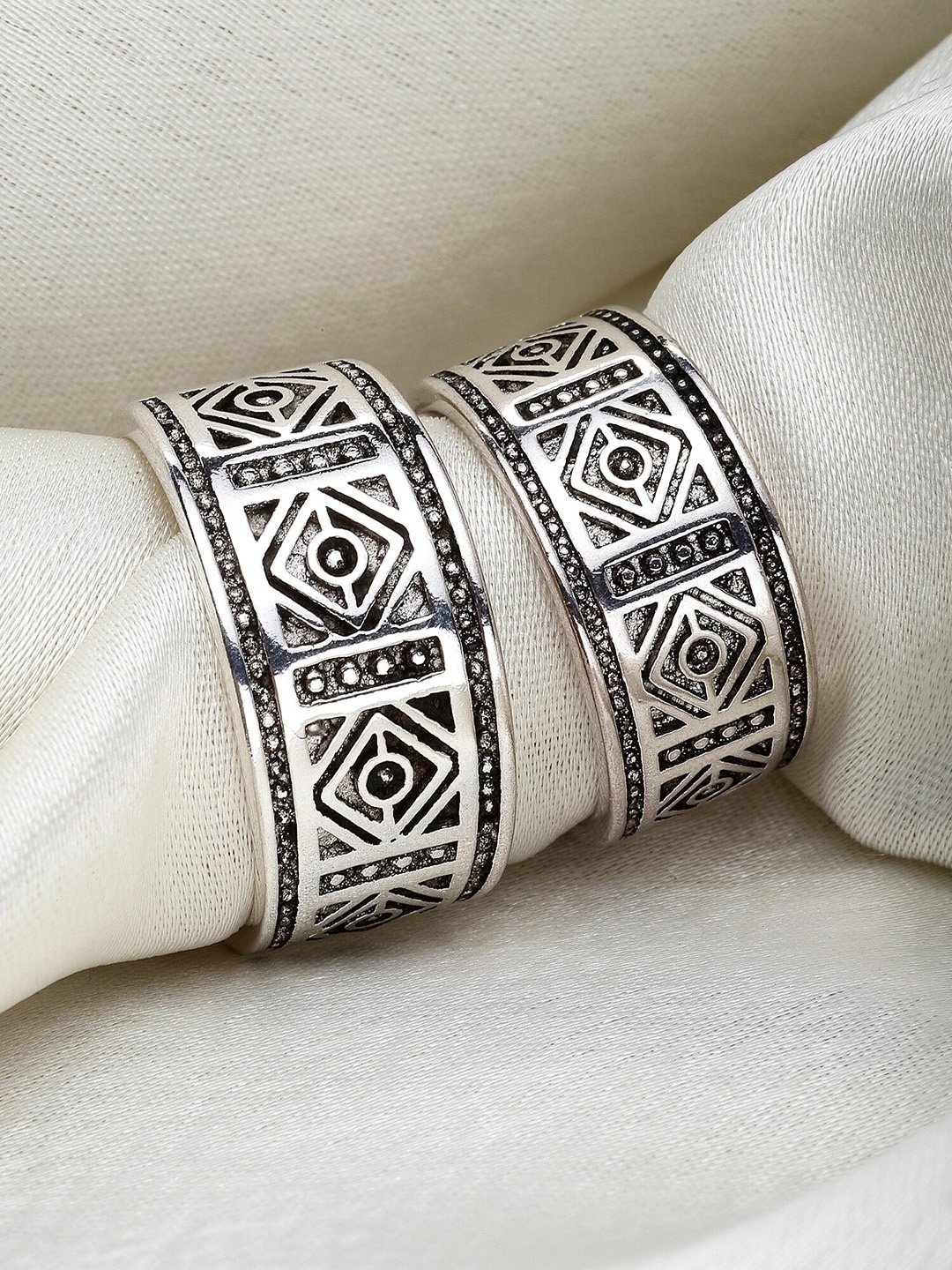 

KARATCART Set Of 2 Oxidised Silver Couple Adjustable Ring for Men and Women