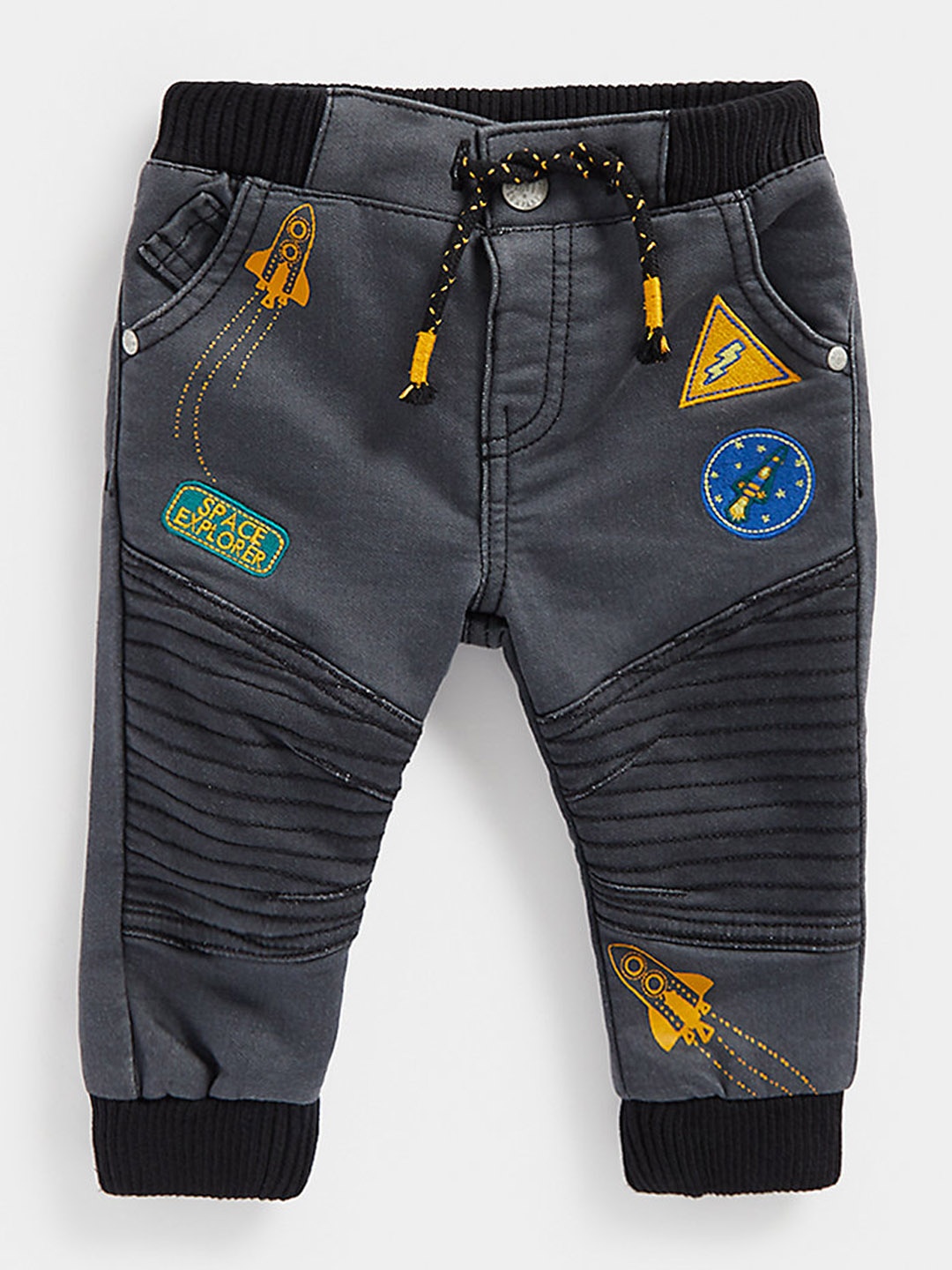 

mothercare Boys Space Rocket Printed Embroidered Jogger Fit Stretchable Jeans, Grey