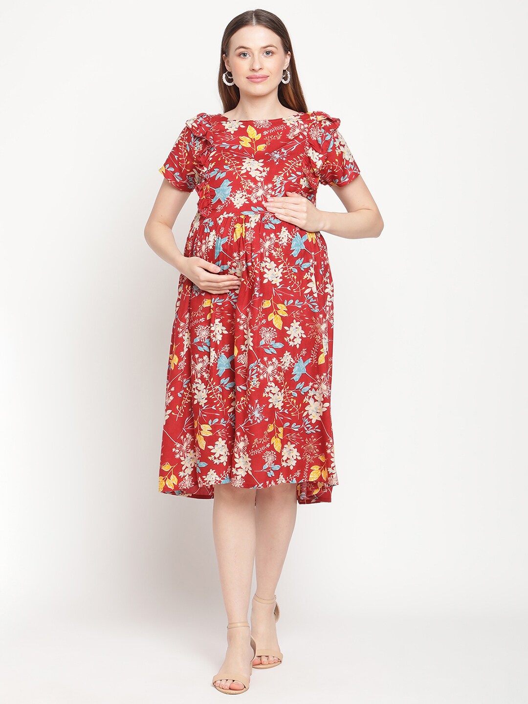 

Moms Maternity Women Red Floral Maternity Dress