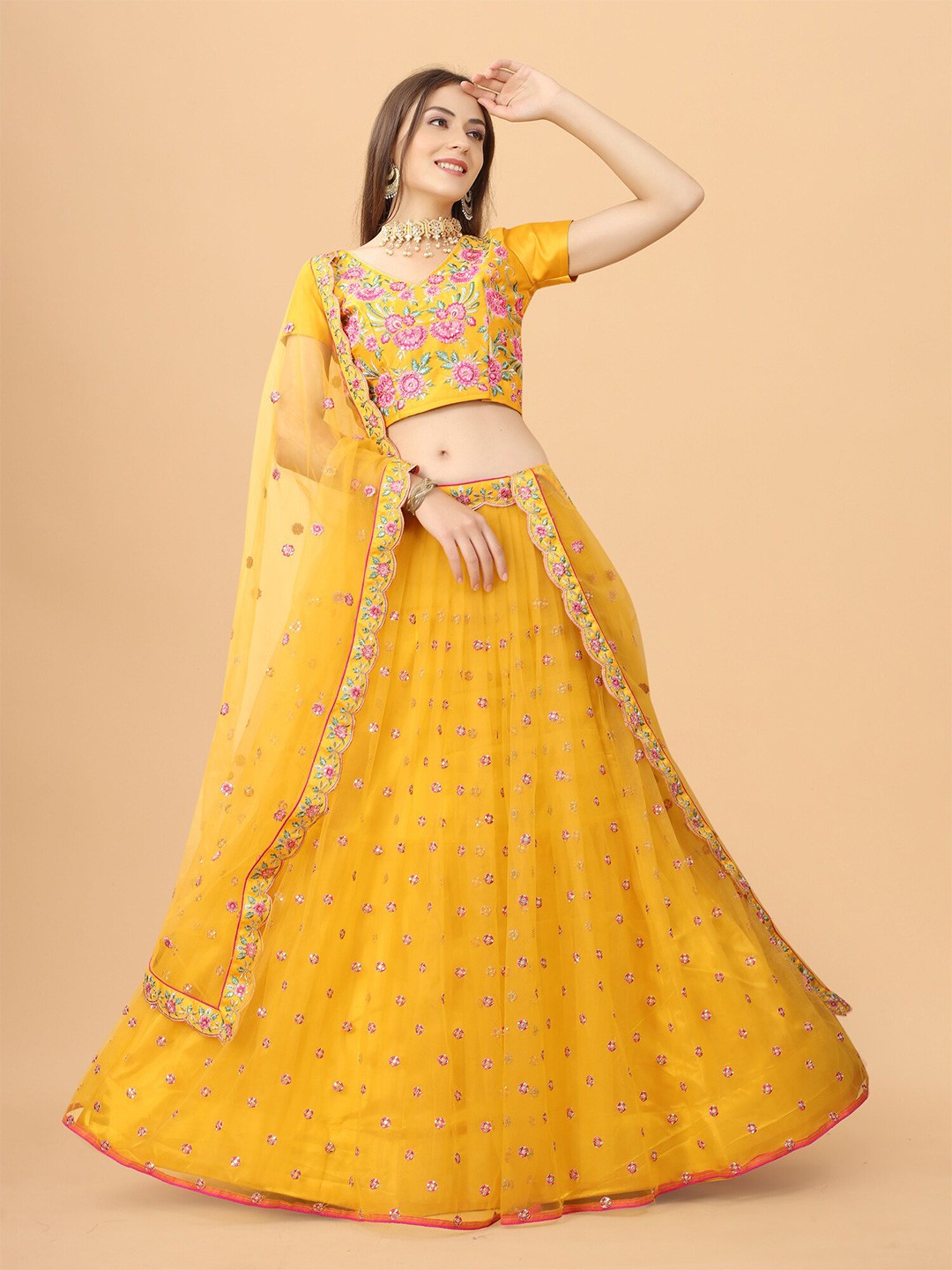 

ASPORA Yellow & Pink Embroidered Sequinned Semi-Stitched Lehenga & Unstitched Blouse With Dupatta