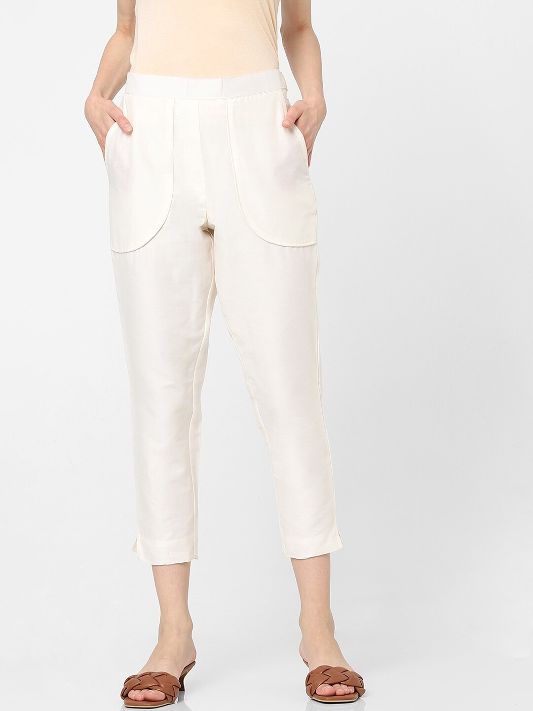 

Indifusion Women White High-Rise Trousers