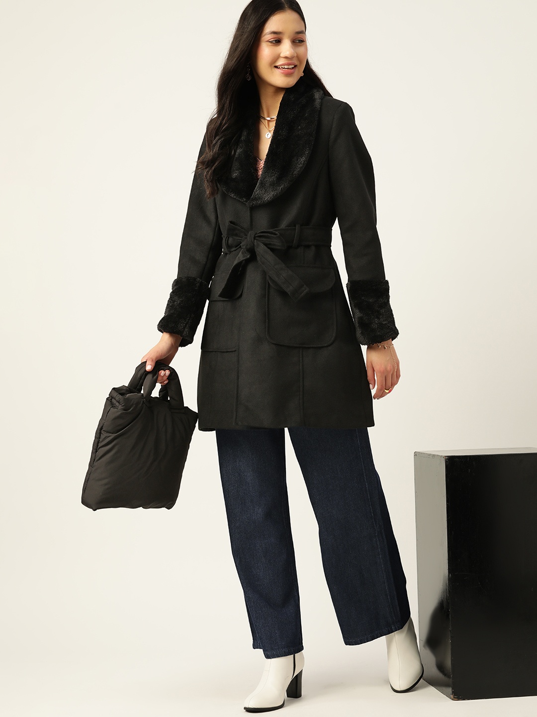 

DressBerry Faux Fur Detail Longline Overcoat with Belt, Black