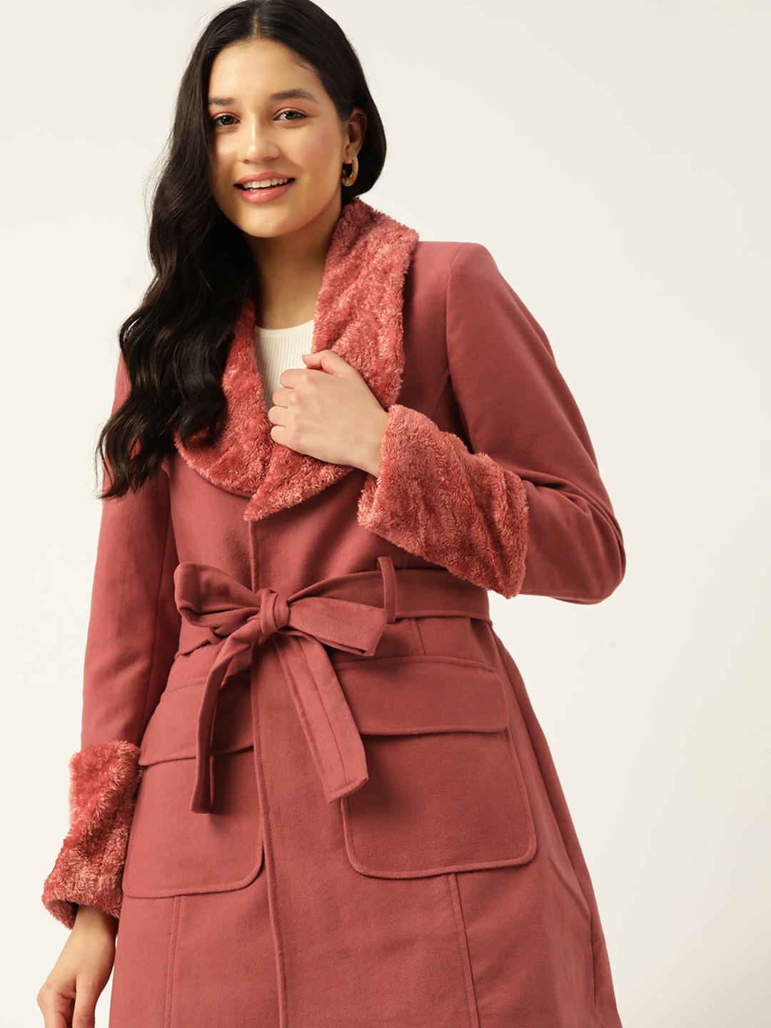 

Dressberry Women Faur Fur Trim Longline Overcoat with Belt, Coral