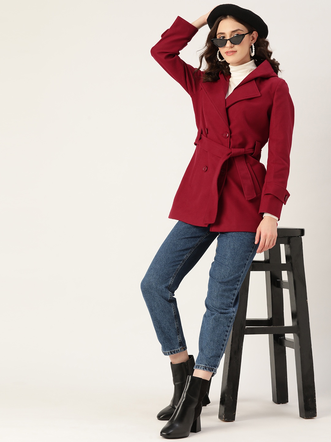 

Dressberry Longline Hooded Overcoat with Belt, Maroon