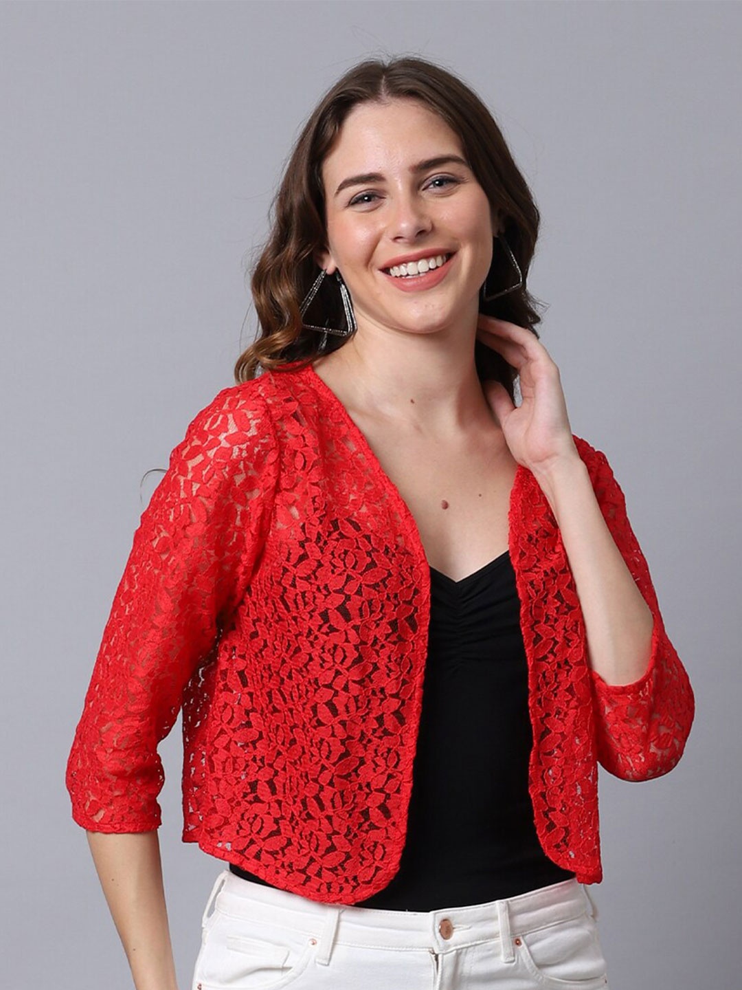 

UnaOne Women Red Lace Open Front Crop Shrug