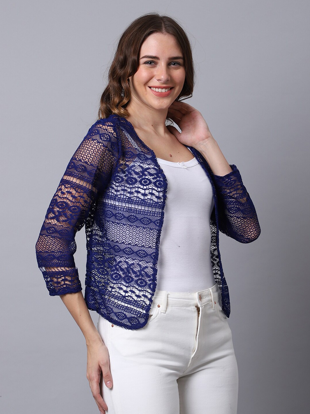 

UnaOne Women Blue Open Front Shrug