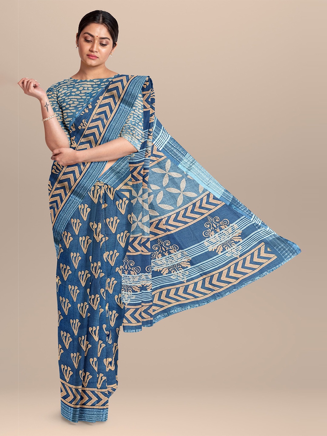 

The Chennai Silks Blue & Gold-Toned Batik Zari Linen Blend Fusion Saree